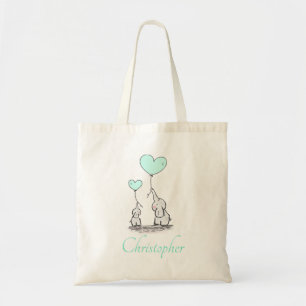 Elephants Mint Green Heart Balloons Add Name Tote Bag