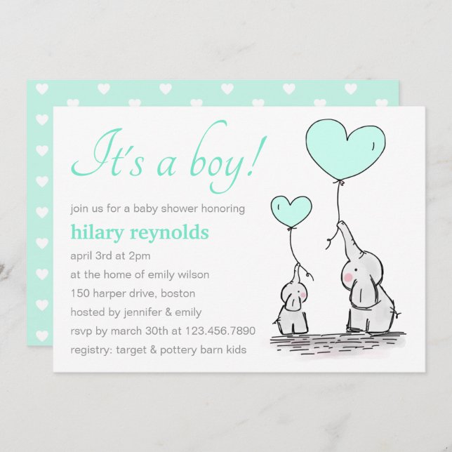 Elephants | Mint Green Heart Balloons Baby Shower Invitation (Front/Back)