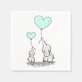 Elephants | Mint Green Heart Balloons Baby Shower Napkin