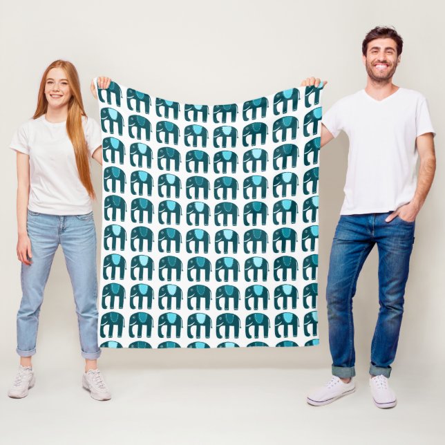 Elephants Pattern Blue Fleece Blanket (In Situ)