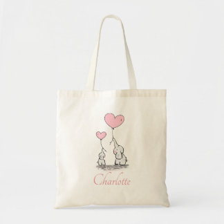 Elephants | Pink Heart Balloons | Add Name Tote Bag