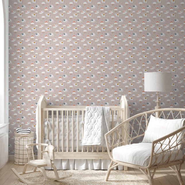 Elephants, Rainbow and Clouds Nursery Wallpaper (Kids)