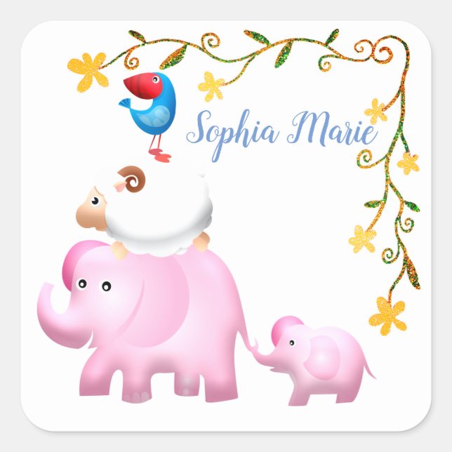 Elephants, Sheep & Bird Animal Tower Square Sticker (Front)