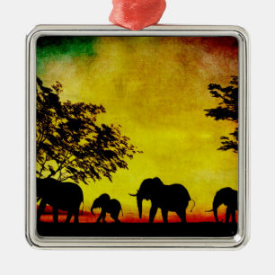 Elephants Sunset Metal Tree Decoration