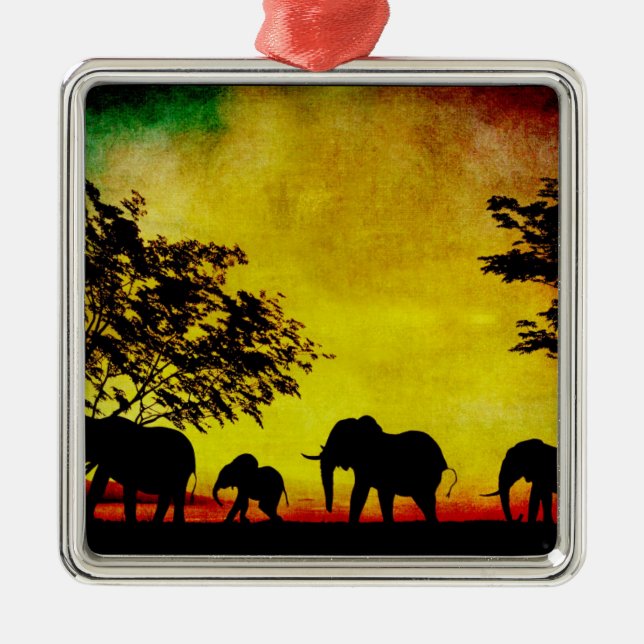 Elephants Sunset Metal Tree Decoration (Front)