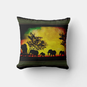 Elephants Sunset Throw Pillow