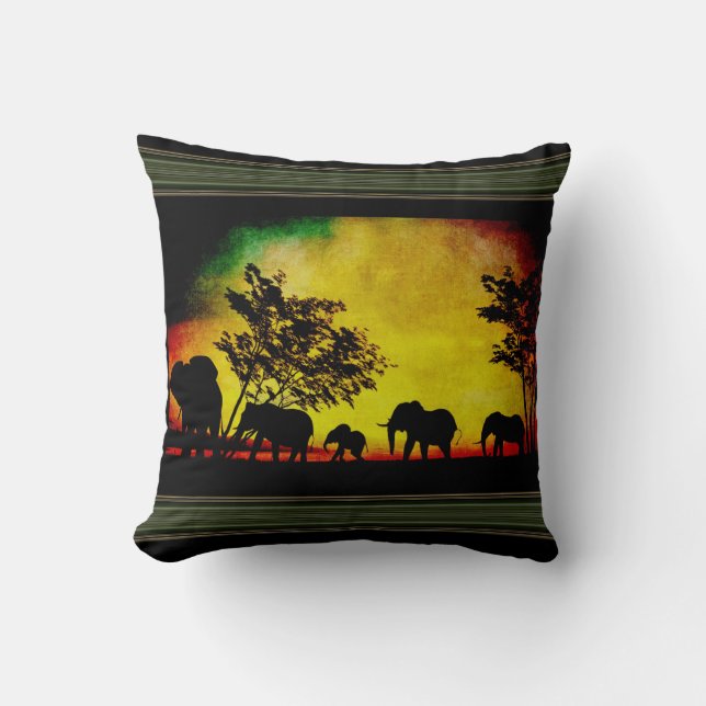 Elephants Sunset Throw Pillow (Front)