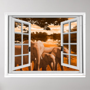 Elephants Sunset View Trompe l'oeil Fake Window Poster