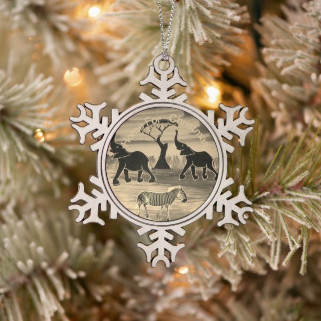Elephants Trumpeting Home for Christmas Holidays M Snowflake Pewter Christmas Ornament (Tree)