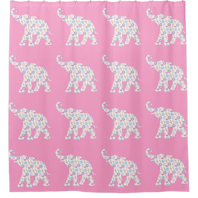 Elephants Watercolor Flower Pattern Cute Modern Shower Curtain (Front)