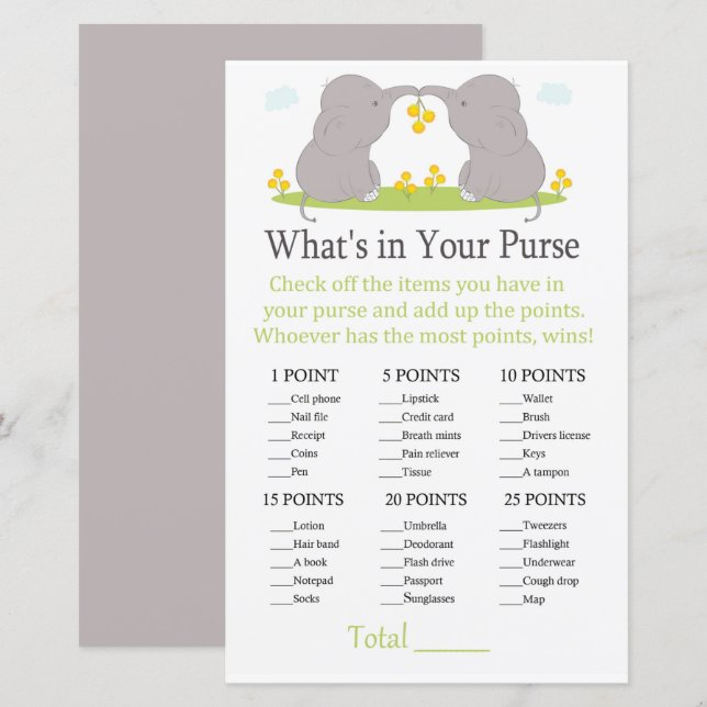 Elephants What's in your purse game (Front/Back)