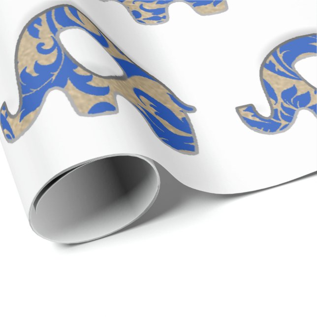 Elephants White Oriental Cobalt Blue Gold Indigo Wrapping Paper (Roll Corner)