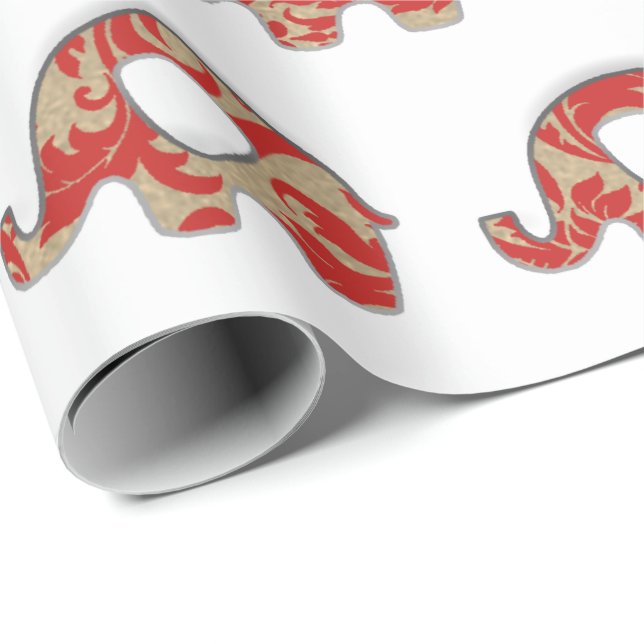 Elephants White Oriental Red Champaigne Gold Wrapping Paper (Roll Corner)