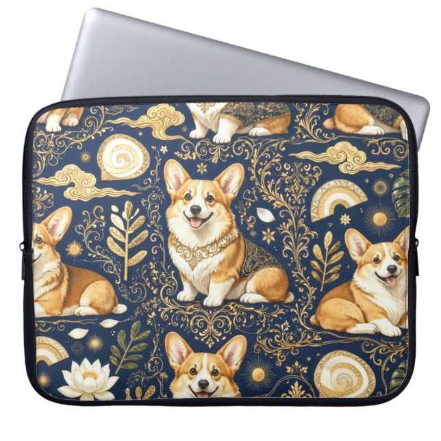 Elevate Corgi Dogs Gold Damask Navy Blue Pattern  Laptop Sleeve (Front)