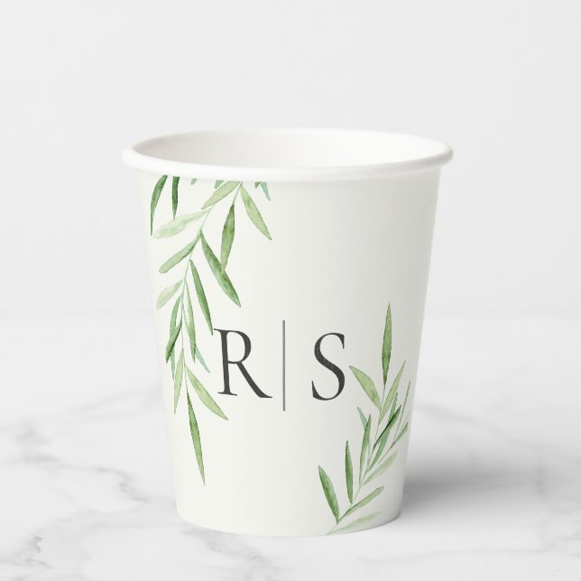 Elevated Monogram Watercolor Willow Leaf Paper Cup (Front)