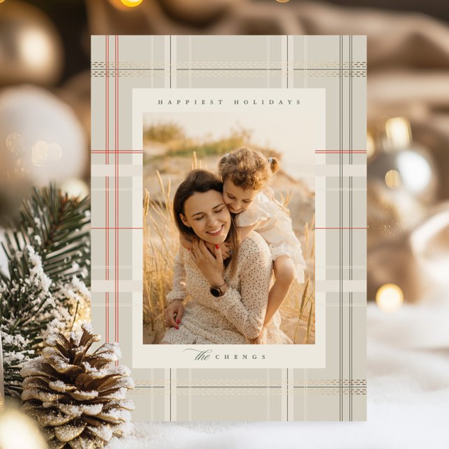 Elevated Plaid Cosy Cabin Beige Forest Green Holiday Card (Creator Uploaded)