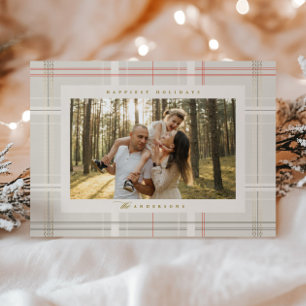 Elevated Plaid Cosy Cabin Beige Red Forest Green Holiday Card