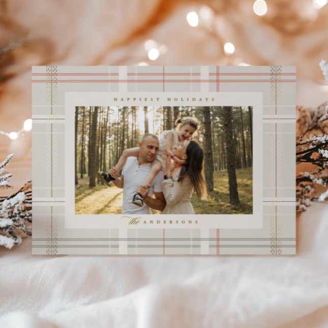 Elevated Plaid Cosy Cabin Beige Red Forest Green Holiday Card (Creator Uploaded)