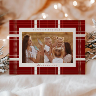 Elevated Plaid Cosy Cabin Forest Burgundy Beige Holiday Card