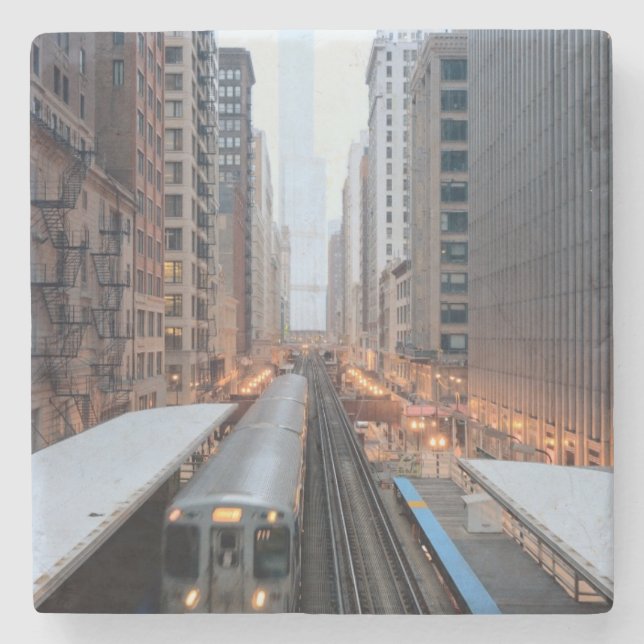 Elevated rail in downtown Chicago over Wabash Stone Coaster (Front)