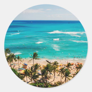 Elevated View Of Waikiki Beach Scene, Honolulu 2 Classic Round Sticker
