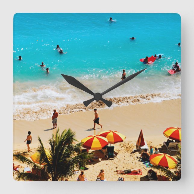 Elevated View Of Waikiki Beach Scene, Honolulu Square Wall Clock (Front)