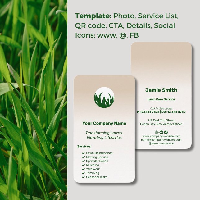 Elevating Lifestyles Custom Lawn Care Business Card (Elevating Lifestyles Custom Lawn Care Business Card, Green Grass Logo, Service List, Icons)
