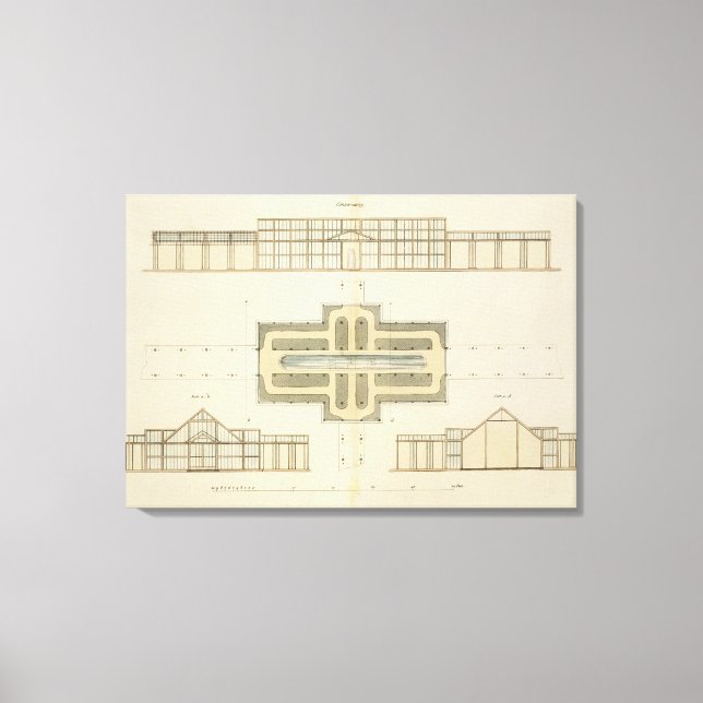 Elevations and ground plan of a glasshouse, from ' canvas print (Front)