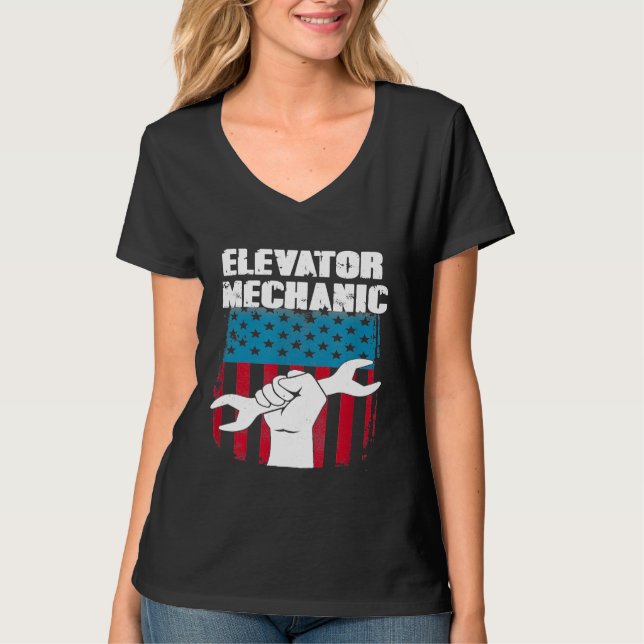 Elevator Mechanic Maintenance Flag Hand Tools Tech T-Shirt (Front)