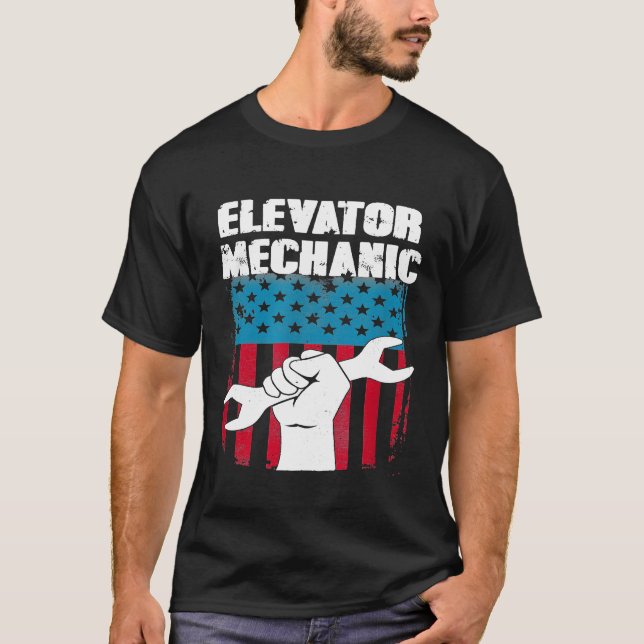 Elevator Mechanic Maintenance Flag Hand Tools Tech T-Shirt (Front)