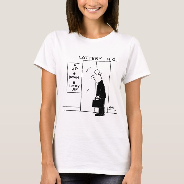 Elevator or Lift in a Lottery Headquarters Cartoon T-Shirt (Front)