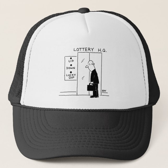 Elevator or Lift in a Lottery Headquarters Cartoon Trucker Hat (Front)