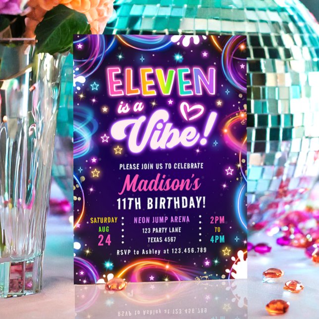 Eleven is a Vibe 11 Retro Neon Glow Girl Birthday Invitation (Creator Uploaded)