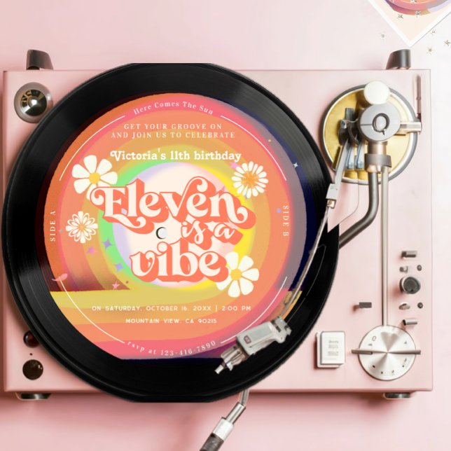 Eleven is a Vibe Groovy Retro Vinyl Rainbow Daisy Invitation (Creator Uploaded)