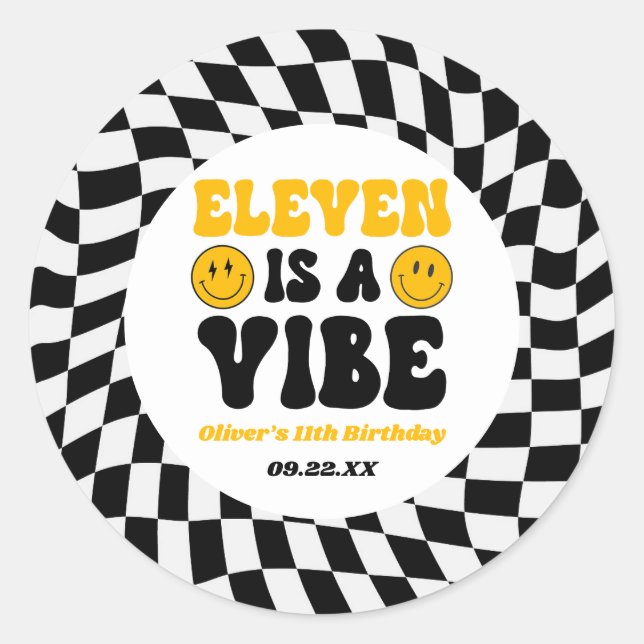 Eleven Is A Vibe Retro 11th Birthday Party Classic Round Sticker (Front)