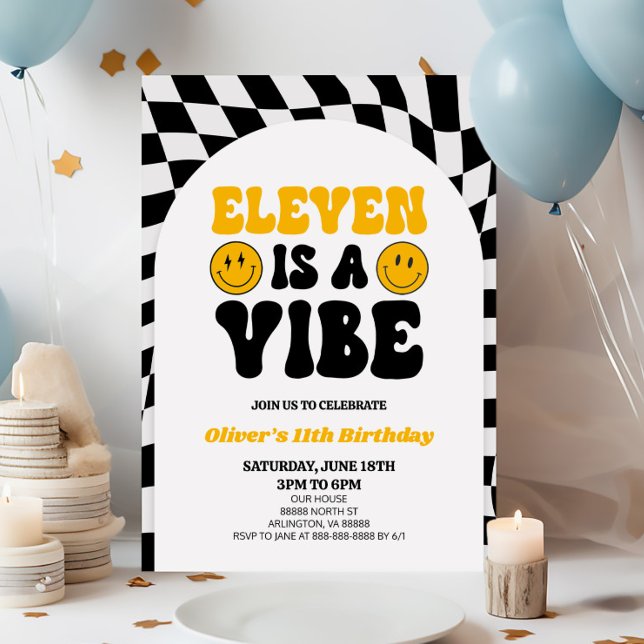 Eleven Is A Vibe Retro First 11th Birthday Party Invitation (Creator Uploaded)