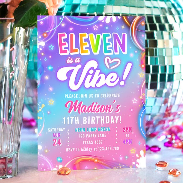 Eleven is a Vibe Retro Groovy Neon Girl Birthday Invitation (Creator Uploaded)