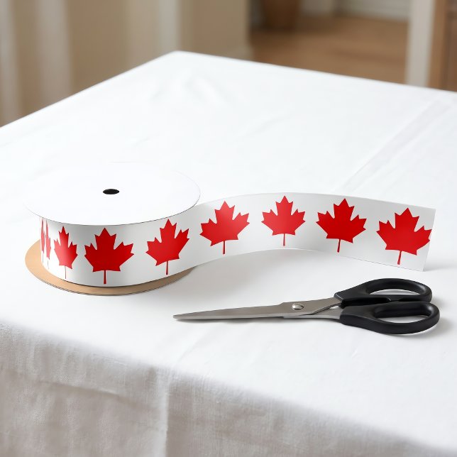 Eleven-Point Red Maple Leaf From Canadian Flag Satin Ribbon (Canadian flag ribbon on table. Great for patriotic Canadian parties and gift wrapping.)