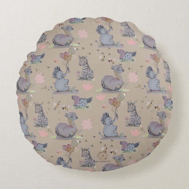 "Eleze Elephant & Polka Hen" Boganhues Round Cushion (Front)