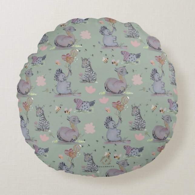 "Eleze Elephant & Polka Hen" Boganhues Round Cushion (Front)