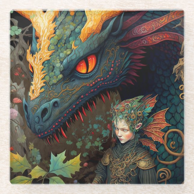 Elf And Dragon Fantasy Art Glass Coaster (Front)