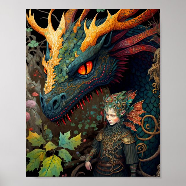 Elf And Dragon Fantasy Art Poster (Front)