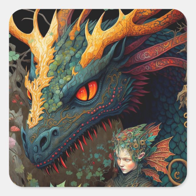 Elf And Dragon Fantasy Art Square Sticker (Front)