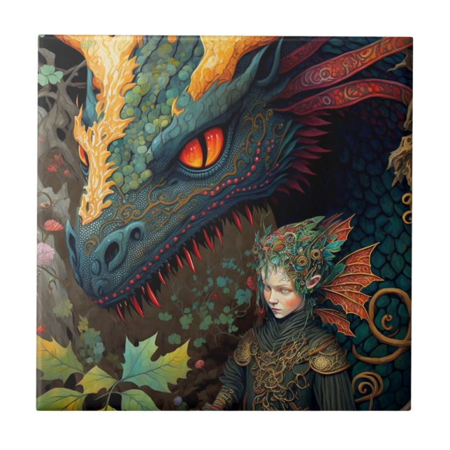 Elf And Dragon Fantasy Art Tile (Front)