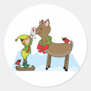 Elf And Rudolf Classic Round Sticker