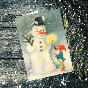Elf and Snowman Vintage Christmas Card