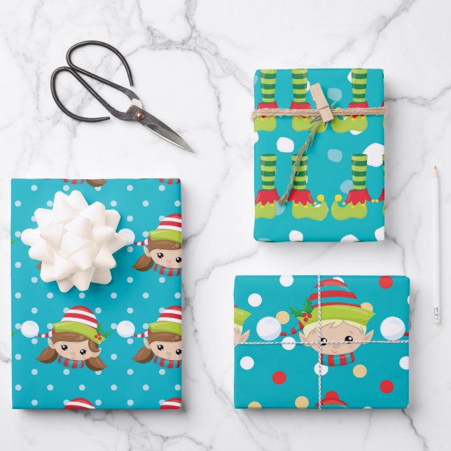 Elf boy girl faces feet on blue with snow pattern wrapping paper sheet (Front)