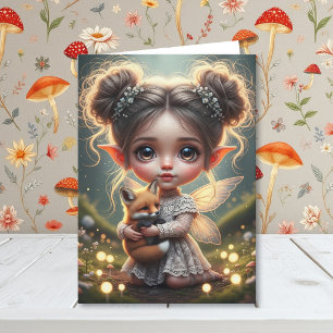 Elf Fairy and Fox Girl's Cottagecore Birthday  Card