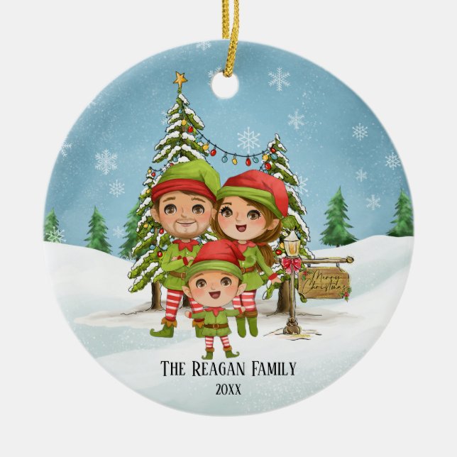 Elf Family of 3 Mum Dad & Son  Ceramic Tree Decoration (Front)
