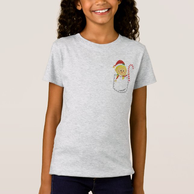Elf Girl holding Candy Cane Inside Stitched Pocket T-Shirt (Front)